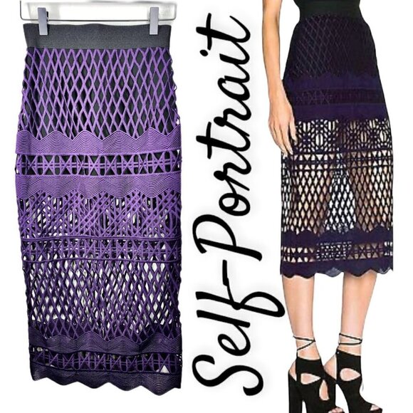 NWT Self-Portrait Cutwork Lace Pencil Skirt in Deep Purple & Black, Size 0 - Picture 12 of 12